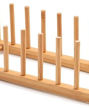 Bamboo Dish Drying Rack for Kitchen Counter and Cabinet, Dish/Book/Plate/Bowl/Cup/Cutting Board/Pot Lid Organizer for Kitchen, Living Room, Study, Display Cabinet (8 Slots)