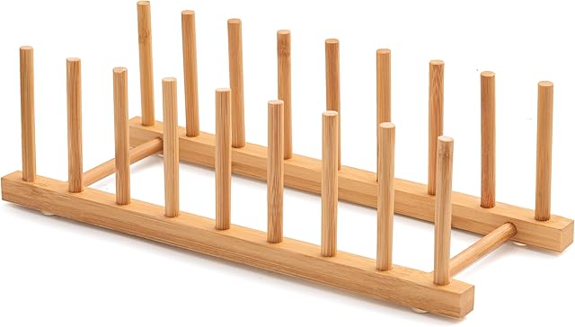 Bamboo Dish Drying Rack for Kitchen Counter and Cabinet, Dish/Book/Plate/Bowl/Cup/Cutting Board/Pot Lid Organizer for Kitchen, Living Room, Study, Display Cabinet (8 Slots)