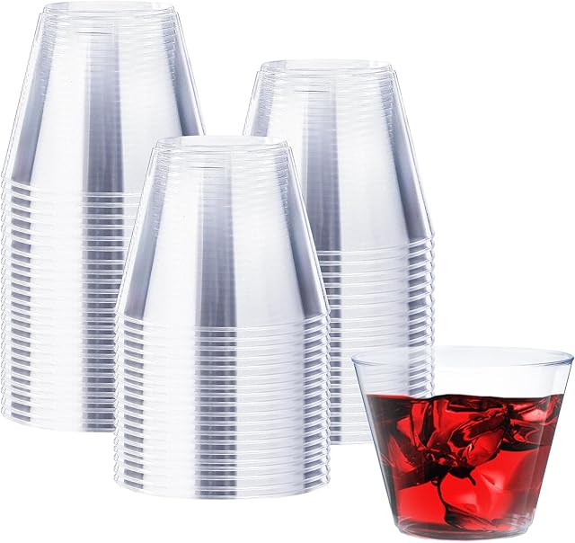 9 oz Clear Plastic Cups, 100 Pack Disposable Fancy Cup for Wedding, Cocktail Cups 9 Ounce, Bulk Clear Plastic Tumblers for Iced Coffee, Cold Beverage