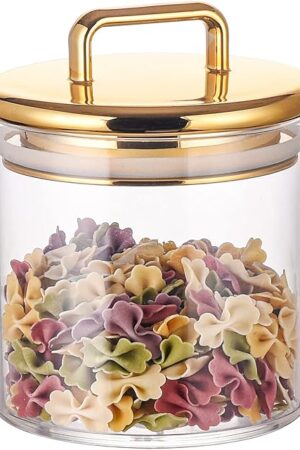 16 oz Small Acrylic Storage Apothecary Jar with Gold Airtight Lid | Bathroom Vanity Organizer Containers | Ideal Decorative Canisters for Shells, Bath Salt, Cotton Swabs, Cotton Ball, Flossers
