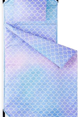 Wake In Cloud - Cot Nap Mat with Pillow and Blanket, for Toddler Kids Girls in Daycare Kindergarten Preschool Pre K with Elastic Corner Straps, Cute Mermaids Theme, Purple Blue