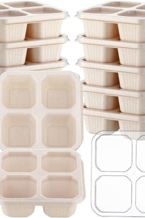 12 Pcs 4 Divided Compartments Snack Containers Bento Wheat Straw Snack Box with Lid Reusable Meal Prep Lunch Box Food Storage Containers for Adults Travel Work(Beige)
