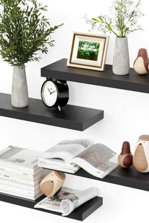 Black Floating Shelves for Wall, 4 Sets Room Storage Shelves, Display Shelves for Wall Decor, Shelf for Bathroom, Kitchen, Living Room – Black