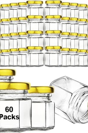 60 Pcs Small Glass Containers with Airtight Lids, 1.5 oz Mini Honey Jars for Wedding Favor, Baby Shower, Small Hexagon Candle Jars for Making Candles, Body Butter, Jam, Spices, Herbs, DIY Gift