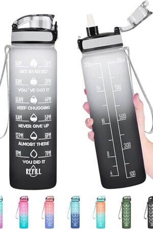 Enerbone Water Bottle, Leakproof BPA & Toxic Free, Motivational Water Bottle with Times to Drink and Straw, Fitness Sports Water Bottle with Strap for Office, Gym, Outdoor Sports