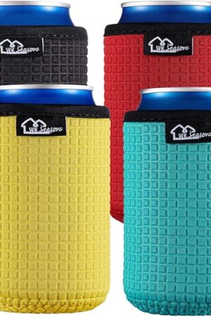 WKieason 12oz Standard Can Sleeves Insulators Sleeves Standard Can Covers 12OZ Beer Bottle Sleeves Coolers Holder Non-slip Neoprene Can Coolier Sleeves 4PC Pack (Black/Red/Yelllow/Blue)