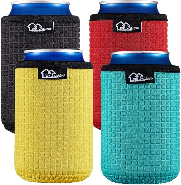 WKieason 12oz Standard Can Sleeves Insulators Sleeves Standard Can Covers 12OZ Beer Bottle Sleeves Coolers Holder Non-slip Neoprene Can Coolier Sleeves 4PC Pack (Black/Red/Yelllow/Blue)