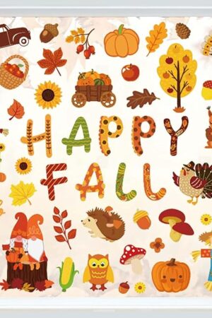 Whaline 9 Sheets Happy Fall Thanksgiving Window Clings Autumn Cute Cartoon Window Stickers Static Reusable Window Decals for Harvest Party Home Classroom Office Decor Supplies