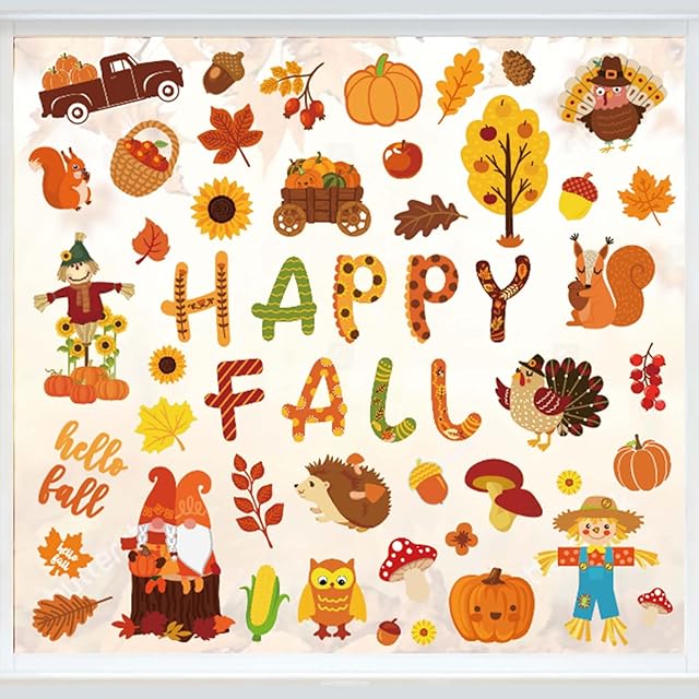 Whaline 9 Sheets Happy Fall Thanksgiving Window Clings Autumn Cute Cartoon Window Stickers Static Reusable Window Decals for Harvest Party Home Classroom Office Decor Supplies