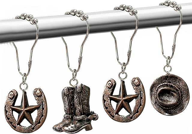 Western Shower Curtain Hooks, 12PCS Western Cowboy Bathroom Decor Brown Cowboy Shower Curtain Hooks Rustic Country Creative Shower Curtain Rings