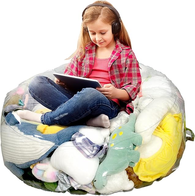 Clear Stuffed Animal Storage Bean Bag Chair Cover for Kids, Extra Large Waterparoof Beanbag Chair Cover with Zipper, PVC Bean Bag Chair for Children Plush Toys Storage & Organizing (Small)
