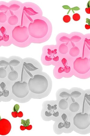 4PCS Cherry Silicone Molds, Cute Chocolate Molds, Cherry Leaves Fondant Mold for Fruit Cake Decorating Cupcake Topper Gum Paste Candy Polymer Clay