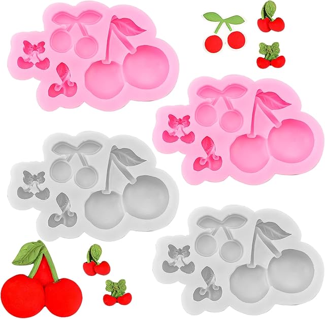 4PCS Cherry Silicone Molds, Cute Chocolate Molds, Cherry Leaves Fondant Mold for Fruit Cake Decorating Cupcake Topper Gum Paste Candy Polymer Clay