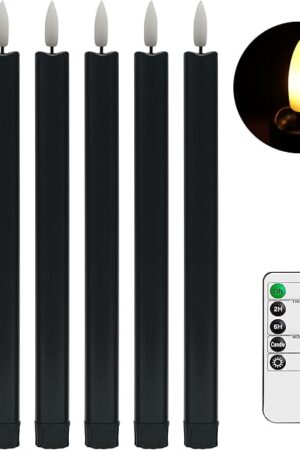 Black Flameless Taper Candles with Remote - 10 Inch LED Candlesticks Flickering, Realistic 3D Flame with Wick, Warm White Light, Home Halloween Decor, Automatic Timer - Set of 6