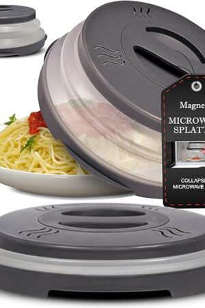 2.0 Magnetic Microwave Splatter Cover, Collapsible 12-Inch BPA-Free Food Lid with Upgraded Magnets, Vented Plate Guard, Dishwasher Safe, Space-Saving Magnetic Storage - Gray