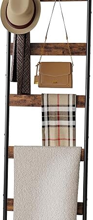 Blanket Ladder, 5-Tier Towel Holder with 4 Removable Hooks, Farmhouse Wall Leaning Decorative Rack Shelf, Wooden Towel Display Rack, Quilt Ladder for Living Room, Bedroom, Rustic Brown