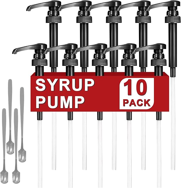 10 Packs Coffee Syrup Pump Dispenser,Fits 25.4 Oz/750ml Coffee Flavoring Syrup Bottles,No Dripping, Fits Home & Coffee Bar Drinking Mixes,Free 4 Golden Spoons