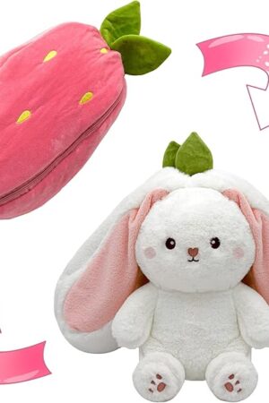 Bunny Stuffed Animal,Strawberry Reversible Cuddle Bunny Plush Doll with Zipper Cute Soft Rabbit Toys Pillow for Kids and Adults Easter Bunnies Plushies Gifts (Strawberry, 7.09 inches)