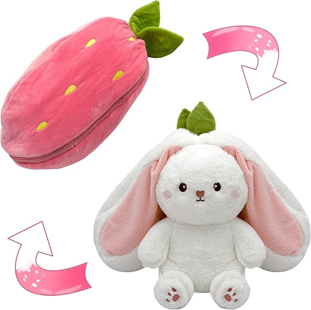 The Bunny Stuffed Animal,Strawberry Reversible Cuddle Bunny Plush Doll with Zipper Cute Soft Rabbit Toys Pillow for Kids and Adults Easter Bunnies Plushies Gifts (Strawberry, 7.09 inches)