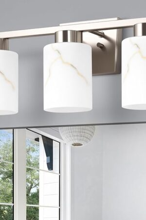 3-Light Bathroom Light Fixtures, Modern Vanity Lights, Brushed Nickel Metal Wall Lamp with White Marble Glass for Bathroom, Mirror, Living Room, Bedroom, Cabinet, Porch, Hallway, E26 Base