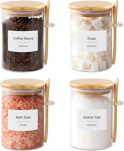 Sugar Jar Bath Salt Container – 17 oz Glass Jar with Bamboo Lid and Spoon, Sugar Cube Holder and Canister for Countertop, Glass Containers for Coffee Beans, Tea and Overnight Oats (4 Pack)