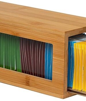 Elegant Tea Bag Organizer with Acrylic Drawer - Bamboo Tea Organizer for Kitchen Countertop, Premium Tea Box for Tea Lovers