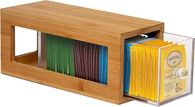 Elegant Tea Bag Organizer with Acrylic Drawer - Bamboo Tea Organizer for Kitchen Countertop, Premium Tea Box for Tea Lovers