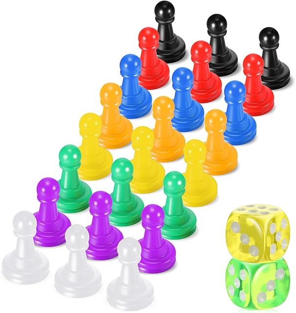 The 26 Pieces Multicolor Board Game Pieces and Dice Include 24 Multicolor Plastic Pawn Chess Pieces and 2 Plastic 6-Sided Game Dices, Chess Game Pieces Dice Set for Board Game Components Table Marking