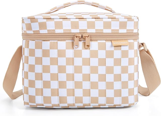 BAGSMART Lunch Box for Women Insulated Lunch Bag Cute Puffer Lunch Tote Bags Lightweight Quilted Reusable Cooler for Work School Picnic or Travel, Khaki Checkered