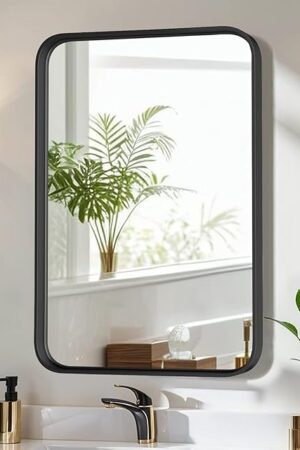 Bathroom Mirror 30x22 Inch Black Metal Framed Rounded Rectangle Vanity Mirror for Wall, Over Sink, Farmhouse, Restroom, Anti-Rust, Modern Decorative, Horizontal or Vertical Hanging