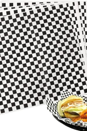100 Sheets Checkered Dry Waxed Deli Paper Sheets, Paper Liners for Plastic Food Basket, Wrapping Bread and Sandwiches (Black)