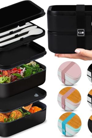 Double Premium Bento Box Adult, 67 fl oz BPA-Free - Black Stackable Lunch Box with Leak-Proof Lids & Dividers, Perfect for Meal Prep, Lunches & Portion Control