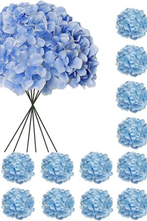 20 Pcs Blue Hydrangea Artificial Flowers Bulk, Faux Hydrangea Flowers Heads, Artificial Fake Silk Hydrangea Flowers with Stems, Blue Flowers Artificial for Decoration Wedding Décor