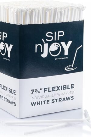 Crystalware Bulk Pack of 380 Flexible Plastic Drinking Straws - White, Individually Wrapped, Food-Safe BPA Free, 7.75 Inches Long (1 Box)