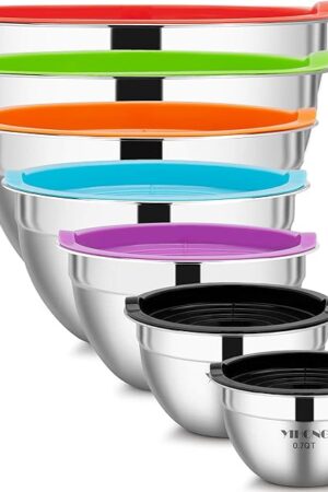 YIHONG 7 Piece Metal Mixing Bowls with Lids for Kitchen, Stainless Steel Set Ideal for Baking, Prepping, Cooking and Serving Food, Nesting Design for Space Saving Storage