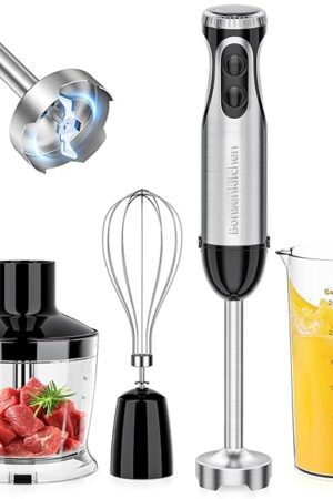 Bonsenkitchen 4-in-1 Immersion Blender Handheld, 20 Speeds Hand Blender with Turbo Mode, Stainless Steel Blade, Egg Whisk, Beaker & Chopper Bowl, Stick Mixer for Soup, Smoothie, Puree, Baby Food