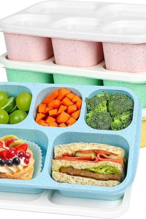 Caperci 4 Pack Bento Snack Box Containers for Adults & Kids - Reusable Adult Lunchable Containers with 5 Compartments for School, Work, and Travel, Wheat Straw, BPA-Free (Vintage Colors)