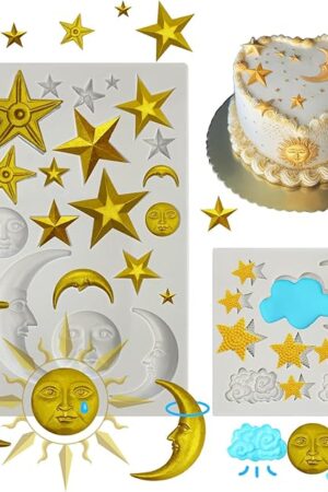 2 Pcs Moon Star Sun Face Silicone Molds Cloud Fondant Cake Molds Candy Polymer Clay Molds Silicone Moon Chocolate Mold for Cake Decorating, Cupcake, DIY Crafts, Fondant,Clay