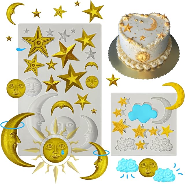 2 Pcs Moon Star Sun Face Silicone Molds Cloud Fondant Cake Molds Candy Polymer Clay Molds Silicone Moon Chocolate Mold for Cake Decorating, Cupcake, DIY Crafts, Fondant,Clay