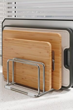 304 Stainless Steel Cutting Board Organizer Rack – Rustproof Compact 4-Slot Holder for Thin Cutting Boards and Plates – Premium Kitchen Storage Solution for Countertops and Cabinets