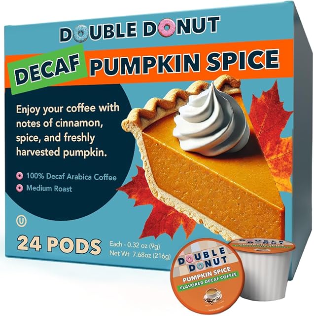 Double Donut Medium Roast Decaf Coffee Pods, Pumpkin Spice Flavored, for Keurig K-Cup Machines, 24 Single-Serve Capsules per Box