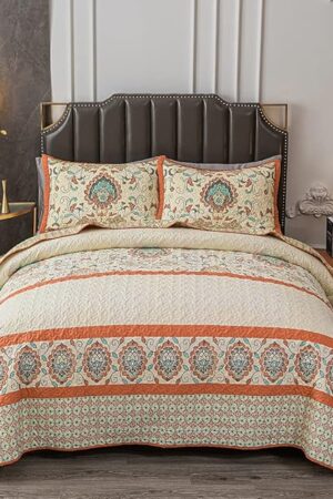 Bohemian Twin Size Comforter Quilt Sets -2 Pieces Red Quilts 100% Cotton(1Quilt,1 Pillow Shams) with Reversible Bedspreads Bohemian Patchwork Bedding Set Sleep Companion