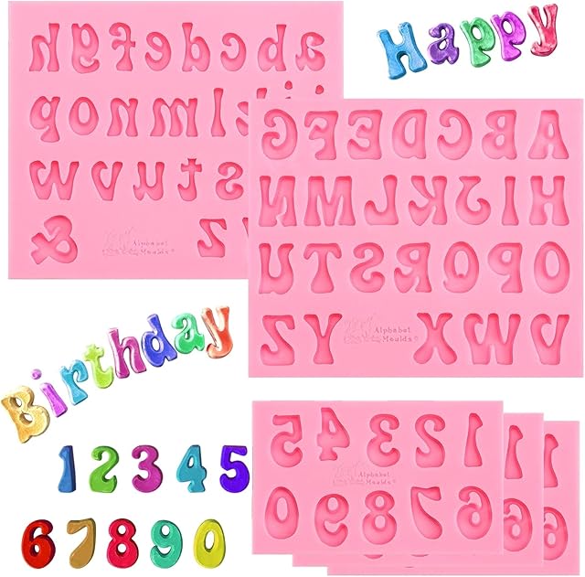 5 Pieces Small Letters Molds and Numbers Silicone Molds,0-9 Numbers, Uppercase and Lowercase Alphabet Baking Molds for Candy, Chocolate Covered Strawberries, Cake Decoration