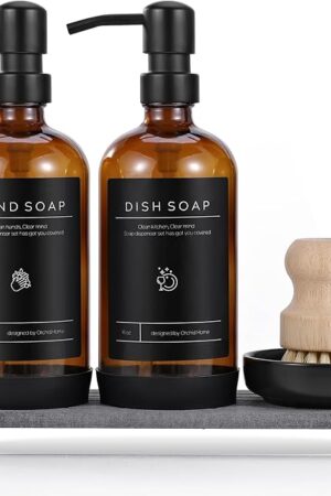[Luxury] Kitchen Soap Dispenser Set - 16OZ Amber Glass Bottle, Stainless Steel Pump, Instant Dry Tray, Waterproof Labels, Non-Slip Silicone Pad, and Dish Brush | Upgrade for Your Kitchen and Bathroom