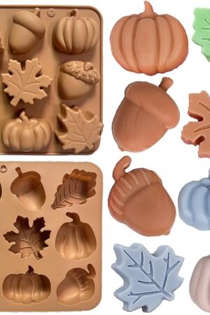 2Pcs Fall Silicone Molds Autumn Silicone Chocolate Molds, Thanksgiving Candy Mold, Fall Chocolate Molds, Leafs Acorns Pumpkins Shape for Thanksgiving Halloween Autumn Harvest, Nude Color