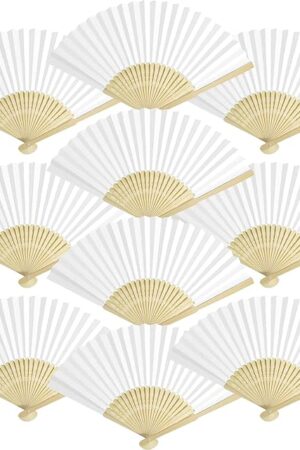 50 Packs White Paper Fans Paper Hand Fan Bamboo Folding Fan Handheld Fan Paper Folded Fan Paper Fan for Wedding Party and Home Decoration
