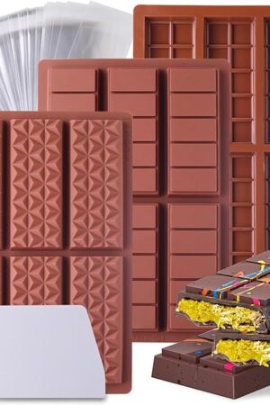 3 Pcs Deep Chocolate Bar Mold, Silicone Mold for Stuffed Chocolate, Break Apart Knafeh Pistachio Candy Molds With Bags and Scraper