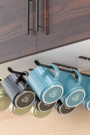 Amazer Coffee Mug Holder Under Cabinet 3 Pack, Metal Sturdy Mug Rack Under Shelf Organizer, Display Hanging Cup Storage Hooks for Bar Kitchen Utensils/Wine Glasses/Tea Cup, Black