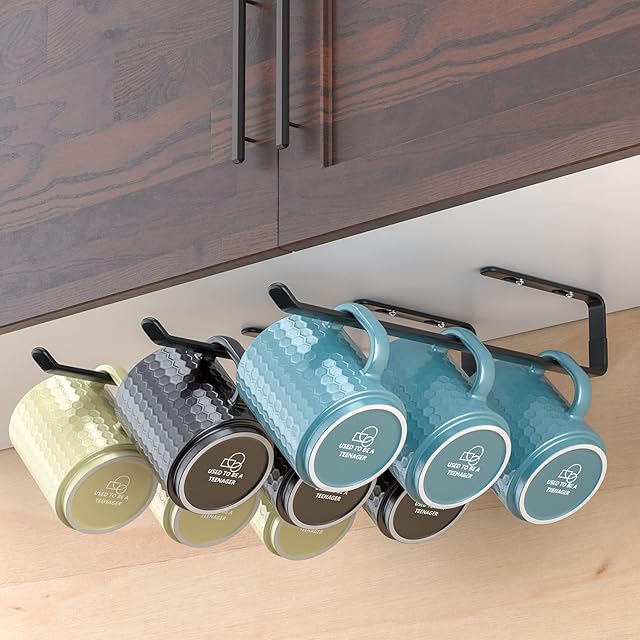 Amazer Coffee Mug Holder Under Cabinet 3 Pack, Metal Sturdy Mug Rack Under Shelf Organizer, Display Hanging Cup Storage Hooks for Bar Kitchen Utensils/Wine Glasses/Tea Cup, Black