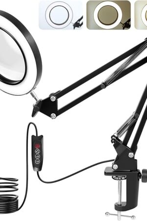 Desk Lamp with Lighting Magnifying Glass: 10x Magnifying Glass Light with 3 Color Modes and 10 Levels of Dimming
